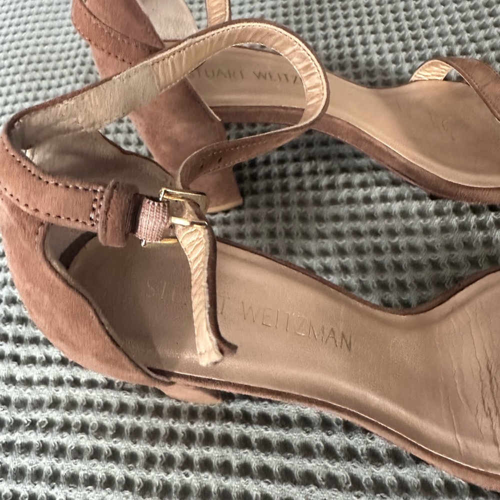 Stuart Weitzman Brown/Tan Suede Open-Toe Ankle-Strap Heels - Picture 8 of 11